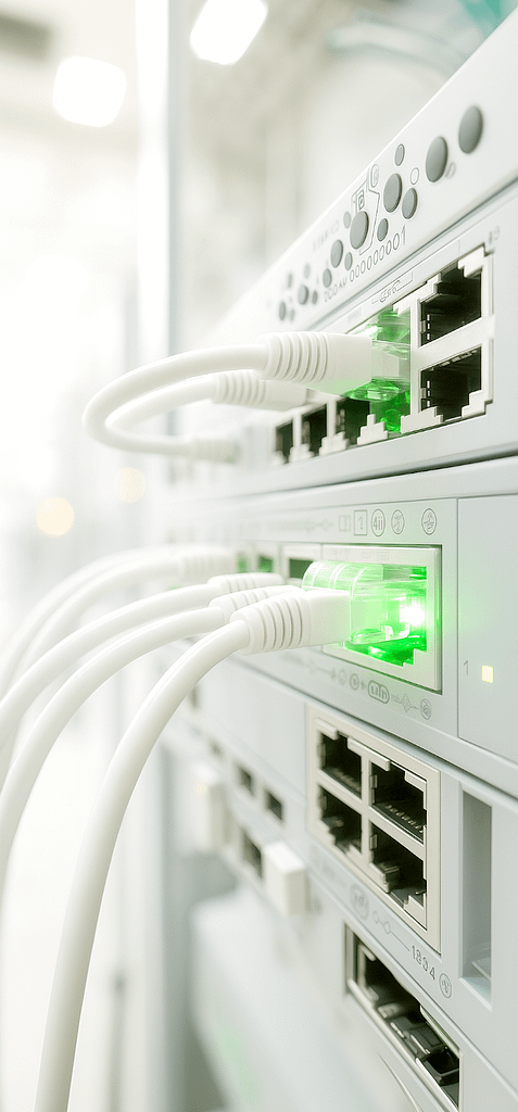 Réseau de câbles branché sur un switch blanc