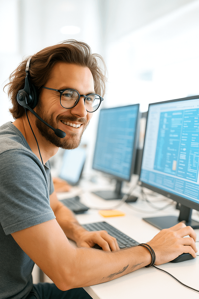 Homme devant un ordinateur souriant et portant une assistance à un client