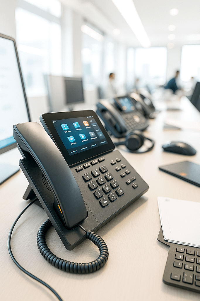 Bureau avec lumière blanche et focus sur un téléphone fix