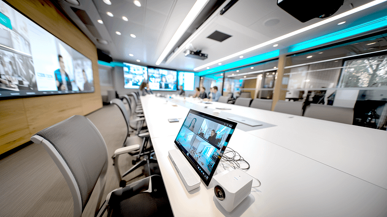 Salle de conférence avec projecteur et écran de tablette montrant une visioconférence